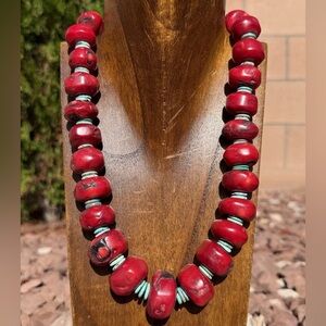 Heavy Chunky Sterling Silver Red Coral Bead Necklace. 20 inch Gift